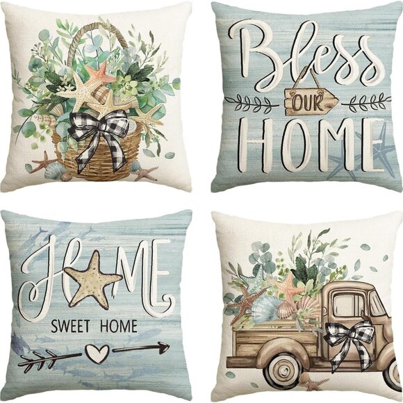 **AVOIN** Bless Our Home Eucalyptus Leaves Starfish Throw Pillow Covers, 20 X 20 - Picture 1 of 8